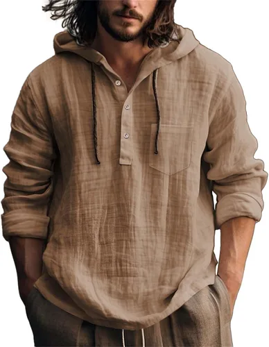 Vista 13 de Camisas de lino para hombre, ligeras, con botones, de manga larga, con capucha, ajuste regular, de algodón, para la playa
