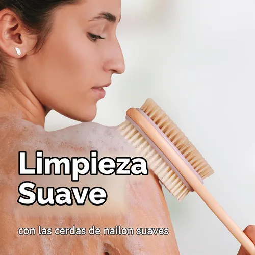 Vista 5 de MainBasics - Cepillo de ducha para espalda, lavanda, mango largo Cepillo corporal de doble cara, cerdas exfoliantes y cerdas suaves, limpieza