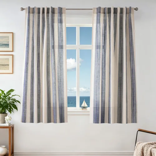 Vista 99 de DriftAway Cortinas de estilo granja con rayas verticales de lino mezclado texturizado con filtro de luz semitransparente para sala de estar