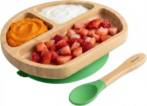 Vista 12 de Abiie Octopod Bamboo Dish & Spoon - Plato de succión para bebé - 4 meses y más - Azul 3-Compartment Round Kids Plate, High Chair Accessories