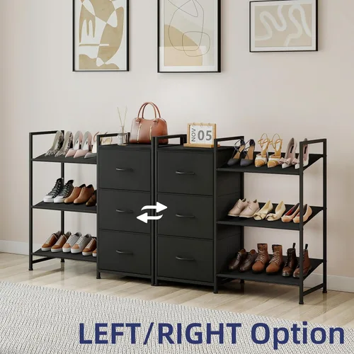 Vista 8 de Somdot Zapatero, organizador de zapatos de 3 niveles con 3 cajones, estante de almacenamiento de zapatos de metal para 6-9 pares de zapatos, Negro