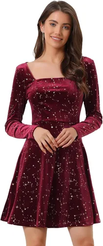 Vista 6 de Allegra K Vestidos de terciopelo de manga larga para mujer, cuello cuadrado de estrella, acampanado, mini vestido para fiesta, cóctel, Navidad Gris