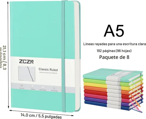 Vista 2 de ZCZN Paquete de 8 cuadernos de diario de tapa dura, 5.5"x8.3", tapa dura, 8 colores, diarios rayados A5 para tomar notas, escritura, diario