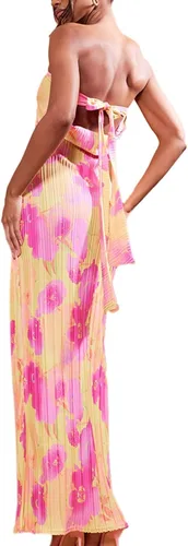 Vista 2 de KMBANGI Vestido largo de tubo plisado floral rosa para mujer, sin mangas, hombros descubiertos, sin tirantes, sin espalda, vestido de fiesta S, M