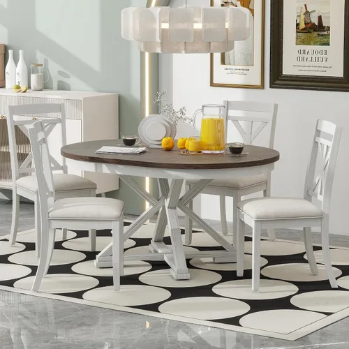 Vista 18 de Knocbel Juego de mesa extensible para 4-6, mesa de comedor redonda ovalada con 4 sillas tapizadas, juegos retro de 5 piezas con base de madera