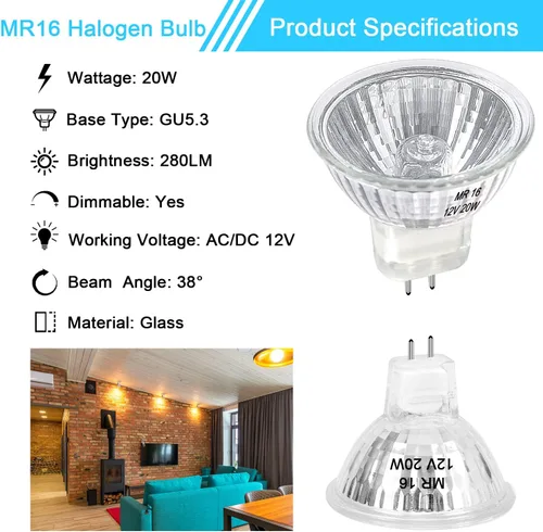 Vista 3 de Bombilla halógena MR16 de 20 W regulable de 12 V GU5.3 con base de dos pines con larga vida útil, bombillas MR16 blancas cálidas de 2700 K