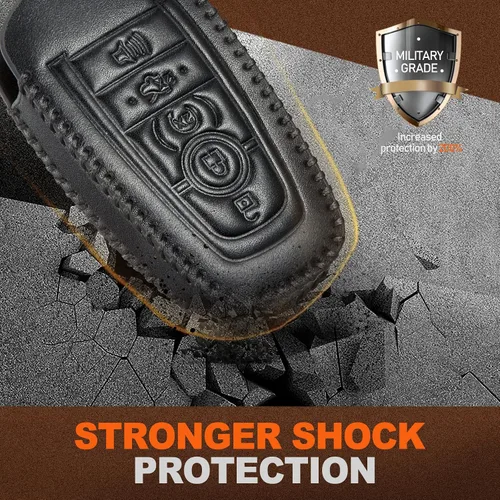 Vista 3 de Slohif Funda de cuero para llavero Ford para Edge Escape Expedition Explorer Fusion Mustang Ranger F-150 F-250 5 botones, funda de cuero+anillo en D