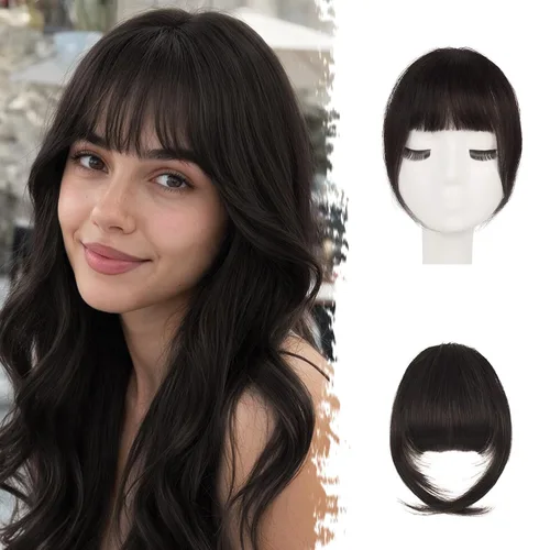 Vista 29 de BARSDAR Flequillo postizo de pelo humano real - Flequillo postizo 100% pelo humano para mujeres - Extensiones de flequillo ondulado castaño rojizo