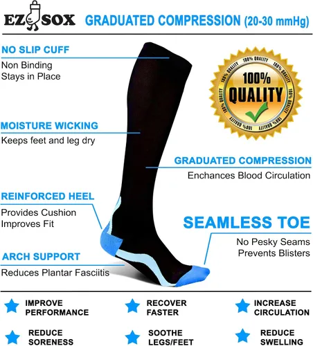 Vista 3 de Calcetines de compresión Ez Sox 20-30 mmHg, punta sin costuras para hombres y mujeres