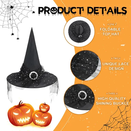 Vista 31 de Zando Sombreros de bruja de encaje para mujer, accesorios de disfraz de Halloween, accesorios de disfraz de bruja plegables para colgar