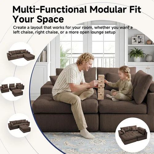 Vista 5 de Sofá modular en forma de L de 114 pulgadas con diván, sofá de pana sin hueso con otomana móvil, sofás de asiento profundo para sala de estar, sin