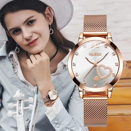 Vista 2 de OLEVS Relojes de pulsera clásicos de oro rosa para mujer, juego de regalos con pulsera con forma de corazón de diamante, reloj analógico de cuarzo