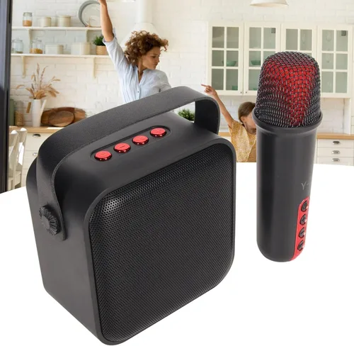 Vista 4 de Juego de mini máquina de karaoke con altavoz, micrófono inalámbrico, gran campo de sonido, chip profesional, múltiples conexiones, batería de larga