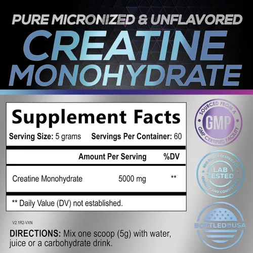 Vista 2 de Monohidrato de creatina, 5000 mg por porción, suplemento de creatina micronizada pura en polvo para hombres y mujeres, sin sabor, la creatina