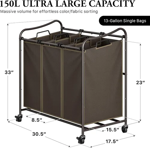 Vista 2 de Simple Houseware Carrito rodante clasificador de lavandería de 3 bolsas resistente, bronce