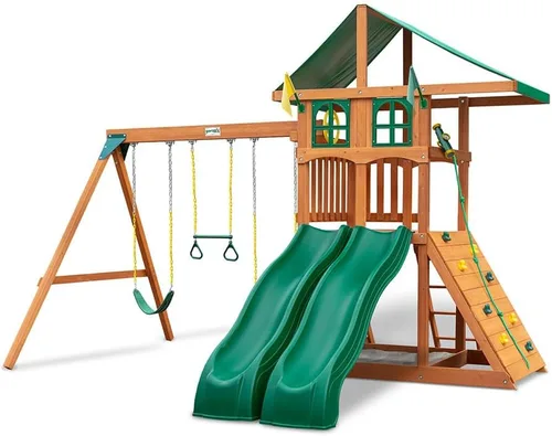 Vista 3 de Gorilla Playsets 01-1086 Avalon Treehouse - Juego de columpios de madera de gran tamaño, techo de vinilo verde, dos toboganes, pared de escalada