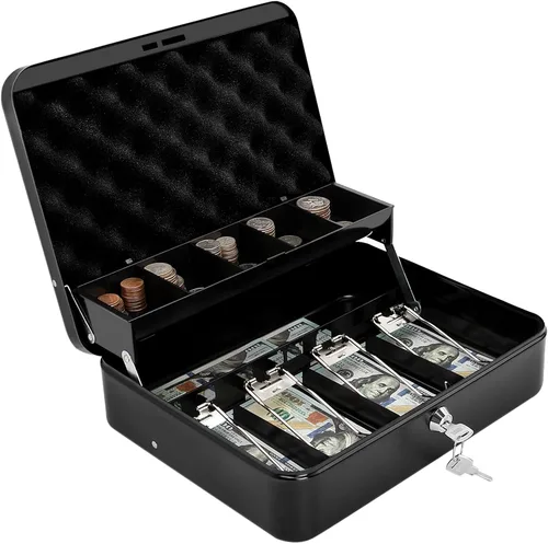 Vista 13 de Caja de efectivo con bandeja de dinero y cerradura, caja de dinero segura para efectivo, caja de bloqueo de metal con combinación, organizador