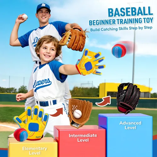 Vista 4 de JoyCat Juego de pelota para lanzar y atrapar con 2 guantes ajustables, 2 bolas adhesivas suaves y bolsa de transporte, juego de guantes de béisbol