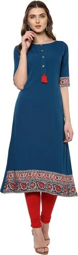 Vista 3 de Janasya Mujeres Azul Impreso Túnica TopsKurti Con Borlas
