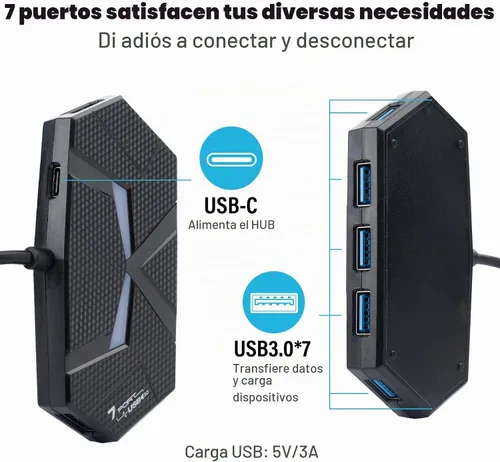 Vista 2 de Hub USB C 3.0 con 7 puertos, adaptador USB C multipuerto para transferencia y carga de datos, divisor de concentrador USB para laptop, escritorio