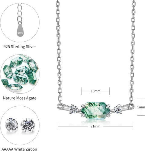 Vista 2 de WES Pendant Necklace 925 Sterling Silver Moss Agate Pendant Necklace for Women,Green Hexagon Prong Gemstone Necklace for Women
