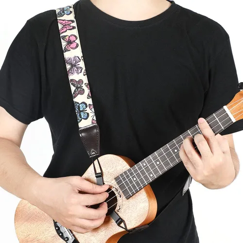 Vista 2 de Ukulele Strap No Drill, Adjustable Double J Hook Clip on Uke Shoulder Strap, Hawaiian Butterfly Printing Hands Free Ukelele Strap, Easy to Use and