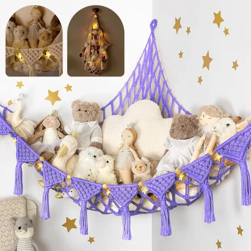 Vista 16 de TIDYTEDS Macramé DreamLights Hamaca de Red de Almacenamiento de Animales de Peluche Boho Extra Grande Soporte de Almacenamiento de Juguetes de Azul
