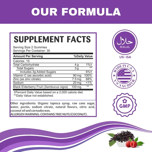 Vista 5 de Greenfield Nutritions - Gomitas de saúco con apoyo inmunológico halal para adultos, apoya tu sistema inmunológico de forma natural con gomitas halal