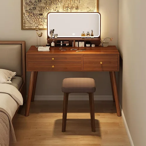 Vista 10 de Tocador con espejo de luces, escritorio de maquillaje de madera con taburete acolchado, moderno escritorio de tocador para dormitorio con taburete