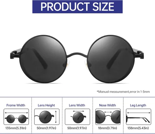 Vista 3 de Gafas de sol polarizadas Steampunk para hombres, estilo gótico redondo, marco circular de metal