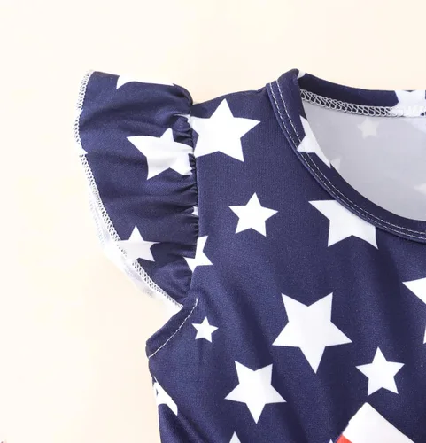 Vista 5 de Vestido para niñas del 4 de julio, vestidos de bandera estadounidense, manga con vuelo, ropa patriótica, trajes para el día de la independencia