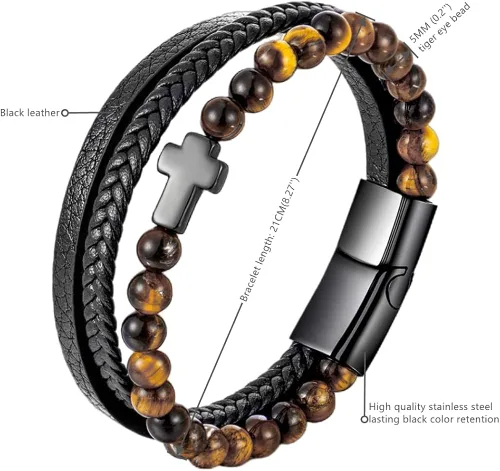 Vista 3 de BIYONGDE Black Braided Leather Bangle Bracelet for Men, Stainless Steel Cross Beads Chain