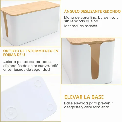 Vista 4 de Caja de ordenamiento de cables blanco con tapa de bambú, organizador de cables, caja de gestión de cables para ocultar cables y enchufes