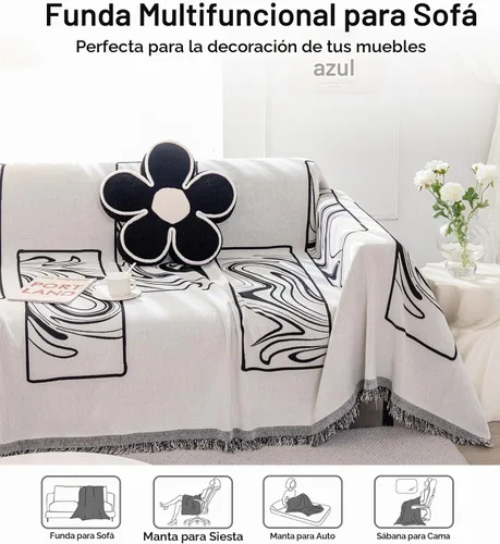 Vista 4 de Funda de sofá bohemia de chenilla, suave, apta para mascotas, protector de muebles multiusos con borlas Boho 3 Murales Franceses Negro
