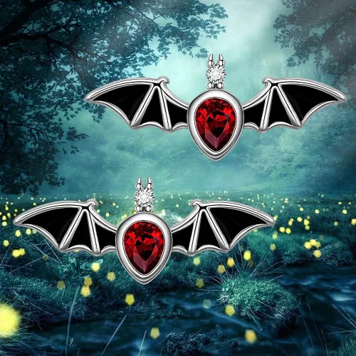 Vista 5 de Aretes hipoalergénicos de plata de ley con forma de murciélago con forma de calabaza y llama, murciélagos, para mujeres, adolescentes, niñas, orejas