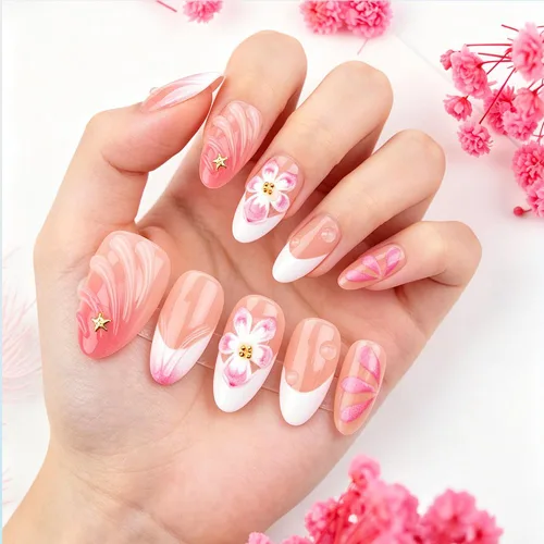 Vista 74 de Uñas postizas a presión medianas con diseño geométrico blanco almendra – 24 uñas postizas reutilizables de ABS brillante, fácil de aplicar, juego