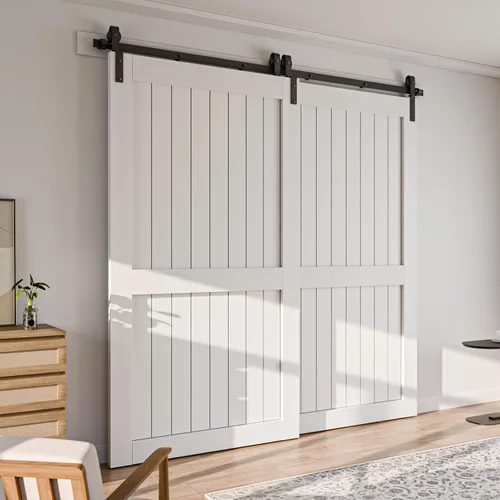 Vista 4 de CCJH Kit de herrajes para puerta corrediza de granero de 4 pies para 2 puertas, sistema de riel de un solo riel deslizante suavemente