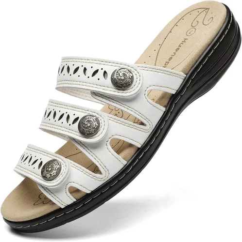 Vista 19 de Sandalias de cuero cómodas para mujer, ligeras, planas, bonitas, sin cordones, informales, para caminar Beige