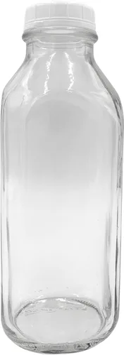 Vista 2 de The Dairy Shoppe Botella de leche de vidrio de 1 litro con tapa, paquete de 4 unidades, estilo cuadrado, 33.8 onzas
