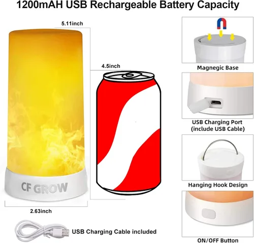 Vista 5 de Luz LED con efecto de llama, recargable por USB, impermeable, regulable, 4 modos, linterna con efecto de detección de gravedad y base magnética