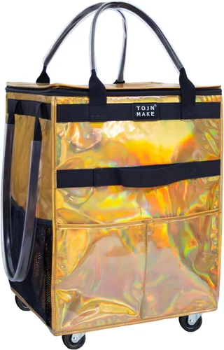 Vista 19 de Bolsa de comestibles reutilizable sobre ruedas, carrito de compras con 8 bolsillos y cubierta con cremallera, bolsa plegable con ruedas, asas