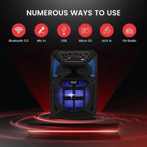 Vista 3 de Pyle Altavoz PA Bluetooth y sistema de micrófono, altavoz de karaoke portátil con micrófono con cable, luces LED de fiesta integradas, radio FM