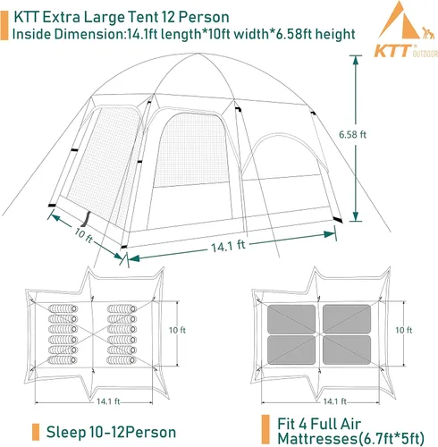 Vista 9 de KTT Extra Large Tent 6-10-12-14 Person(Style-B),Family Cabin Tents,2 Rooms,3 Doors and 3 Windows with Mesh,Straight Wall,Waterproof,Double Layer,Big
