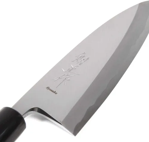 Vista 2 de Cuchillo de chef japonés para sushi Shiroko (acero blanco), mango de madera de magnolia en forma de D, Deba 6.5 pulgadas (6.496 in)