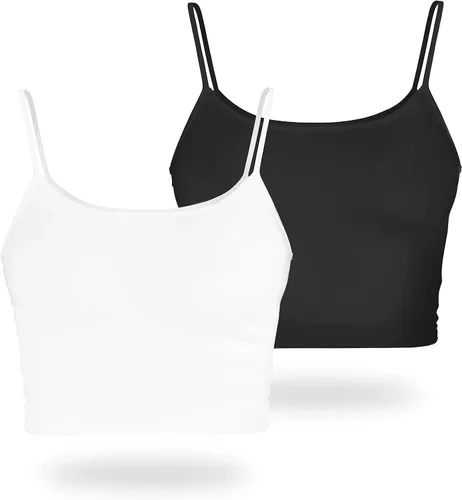 Vista 8 de Camisetas cortas para mujer, largas, blancas, negras, sexy, lindas, de entrenamiento, tirantes delgados, recortadas, de cintura alta, paquete de 2