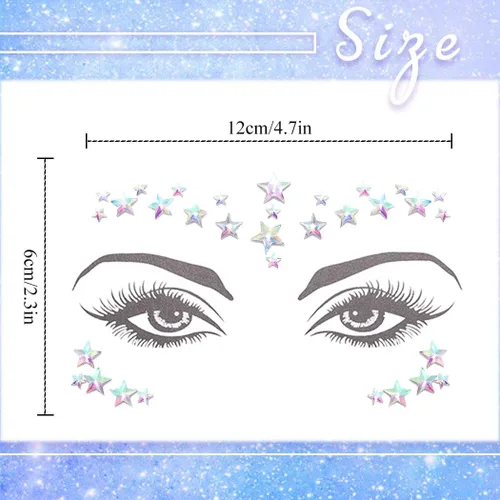 Vista 3 de 3 calcomanías de cara de cristal, cara de estrella, sirena, luna, piedra de piedra, rosa, carnaval, festival de música, fiesta para mujeres y niñas