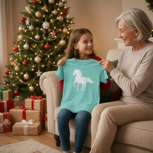 Vista 2 de Tstars Camiseta patriótica para niñas, diseño de caballos, bandera de Caballos / Azul frío