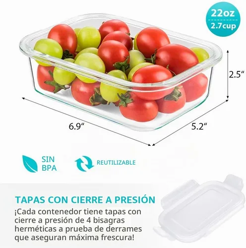 Vista 2 de Bayco - Paquete de 6 recipientes de vidrio para comidas preparadas, recipientes de almacenamiento con tapas, cajas bento herméticas, sin bisfenol A