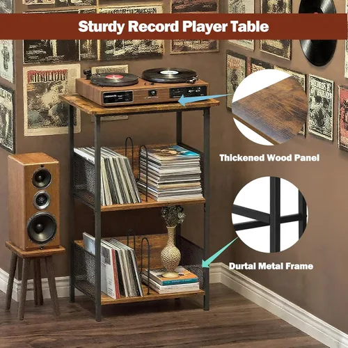 Vista 8 de Soporte para tocadiscos, soporte para discos de vinilo de 3 niveles, soporte giratorio con 2 separadores y 4 pies ajustables, mesa para tocadiscos