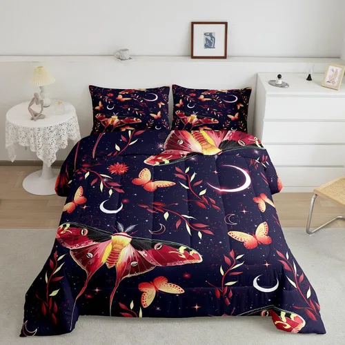 Vista 21 de Erosebridal Juego de ropa de cama de calavera gótica, flores mandala, mariposa hippie para niñas y niños, edredón de esqueleto de la muerte de Negro